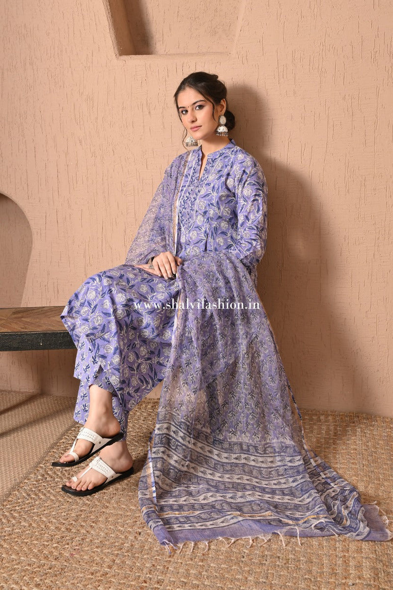 Naaz Hand Block Print Cotton suit Set with Kota Doria Dupatta (CSS596)