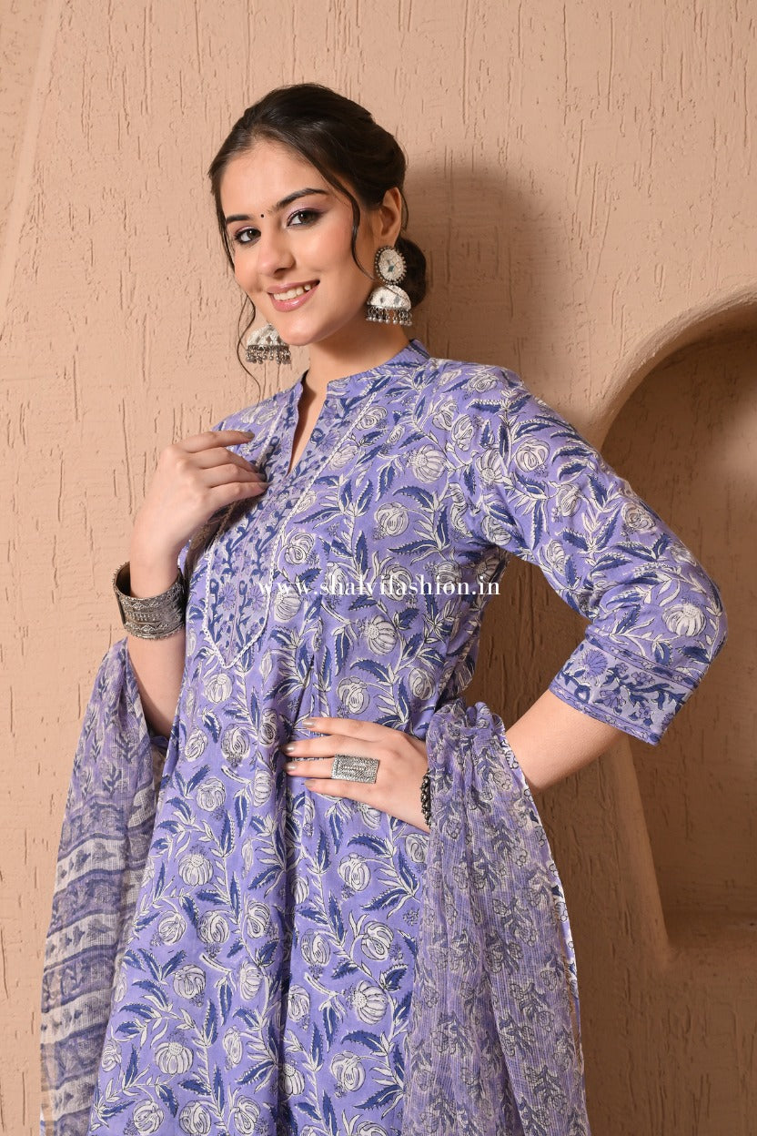 Naaz Hand Block Print Cotton suit Set with Kota Doria Dupatta (CSS596)