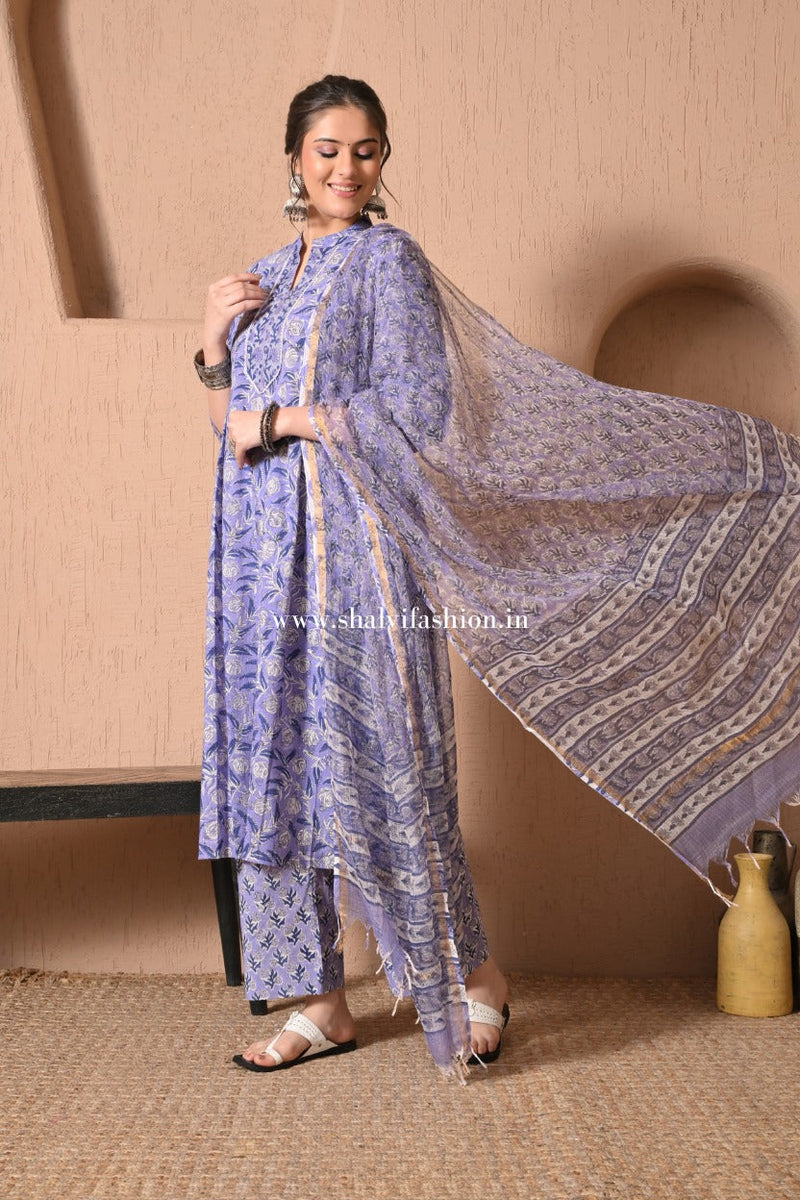 Naaz Hand Block Print Cotton suit Set with Kota Doria Dupatta (CSS596)