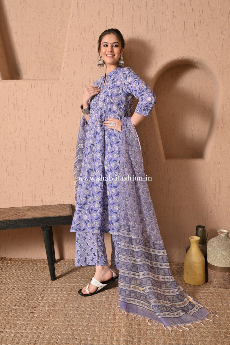 Naaz Hand Block Print Cotton suit Set with Kota Doria Dupatta (CSS596)