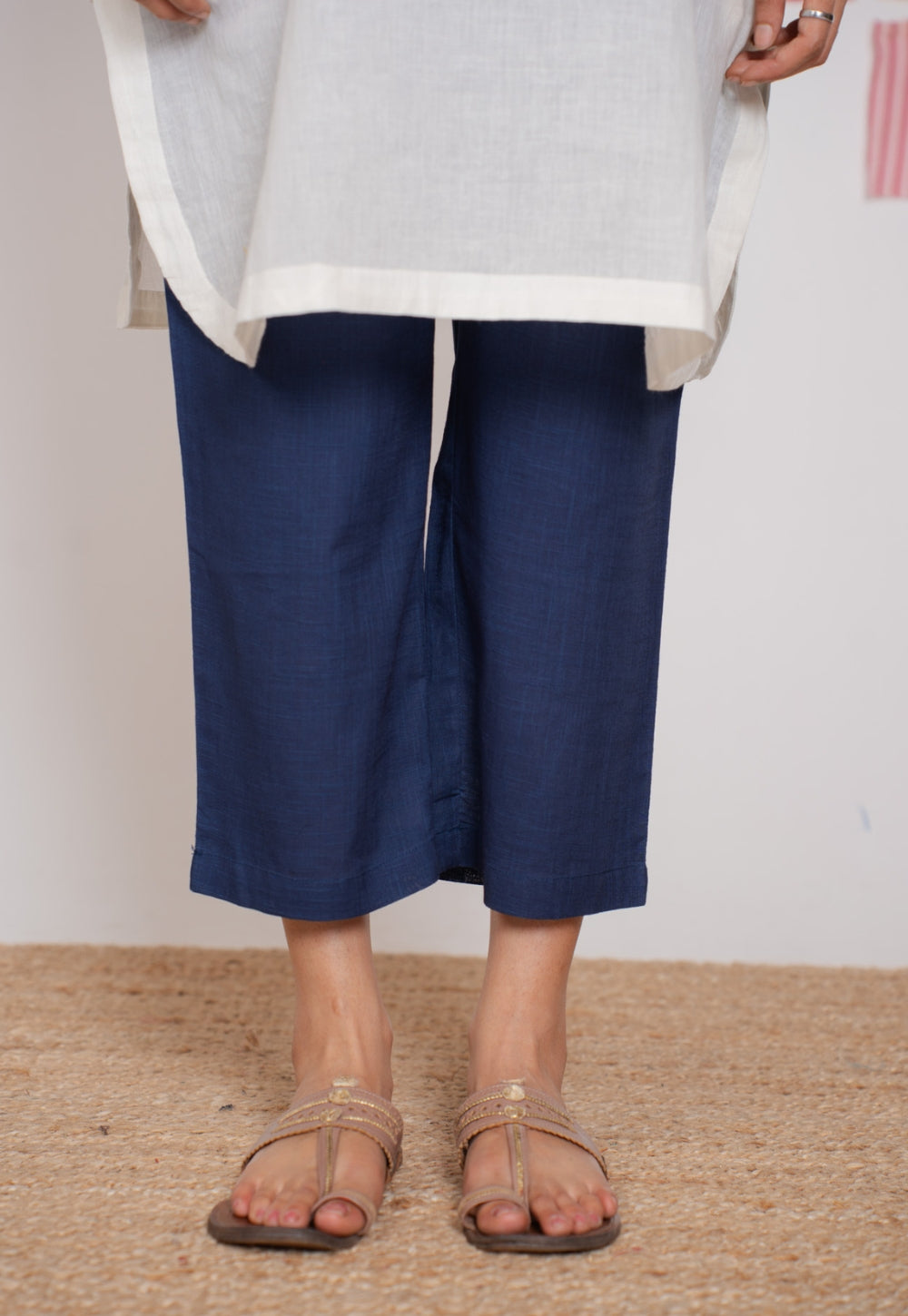 Yashi Blue Solid Cotton Straight Pant