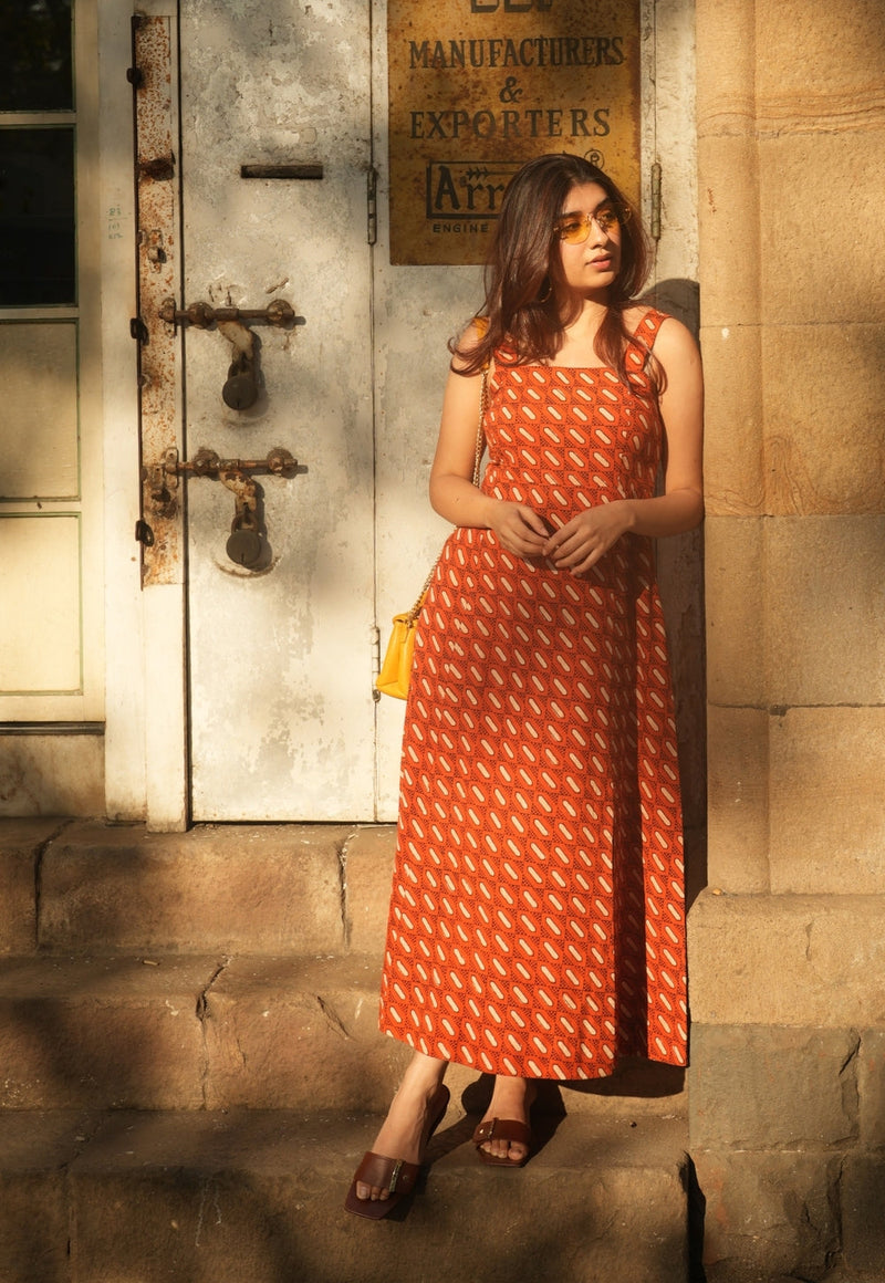 Shanaya Orange Dabu Slub Cotton A Line Dress