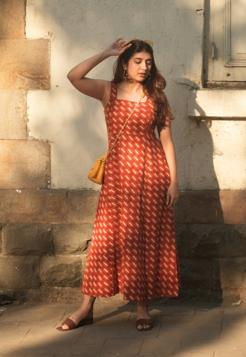 Shanaya Orange Dabu Slub Cotton A Line Dress