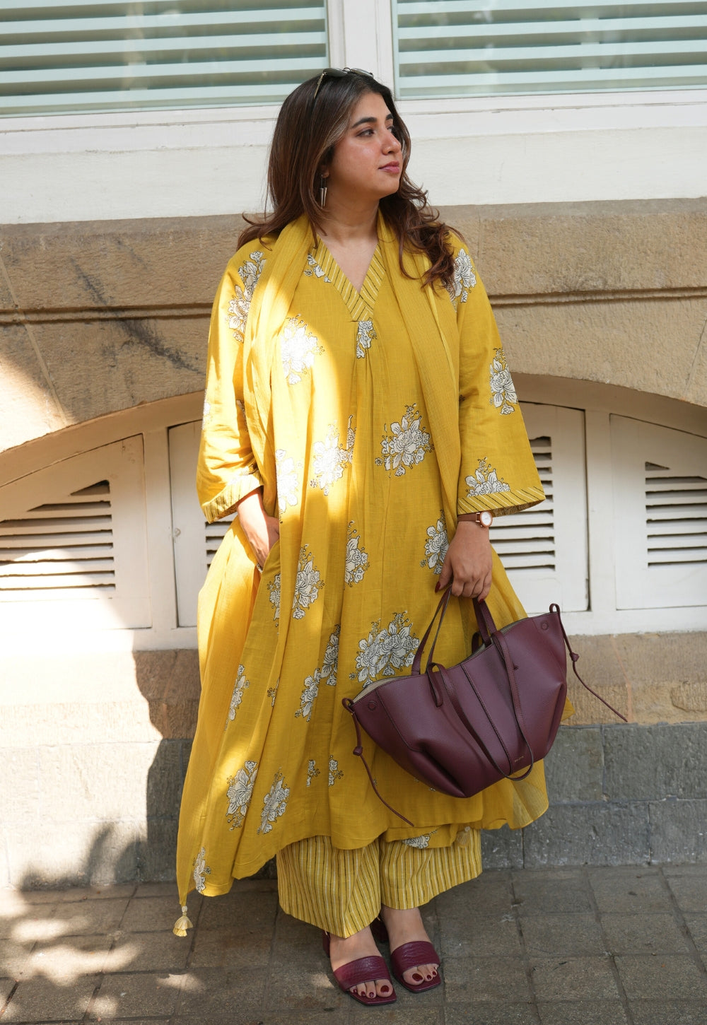 Sakhi Yellow Dabu Slub Cotton Kali Kurta