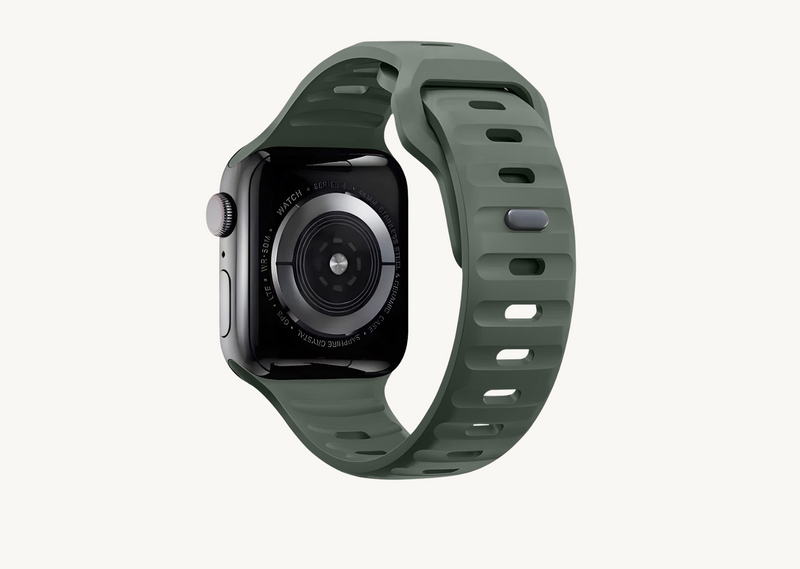 Cargo Green Rugged Silicone Apple Watch Band with Pin & Tuck Closure. Front View