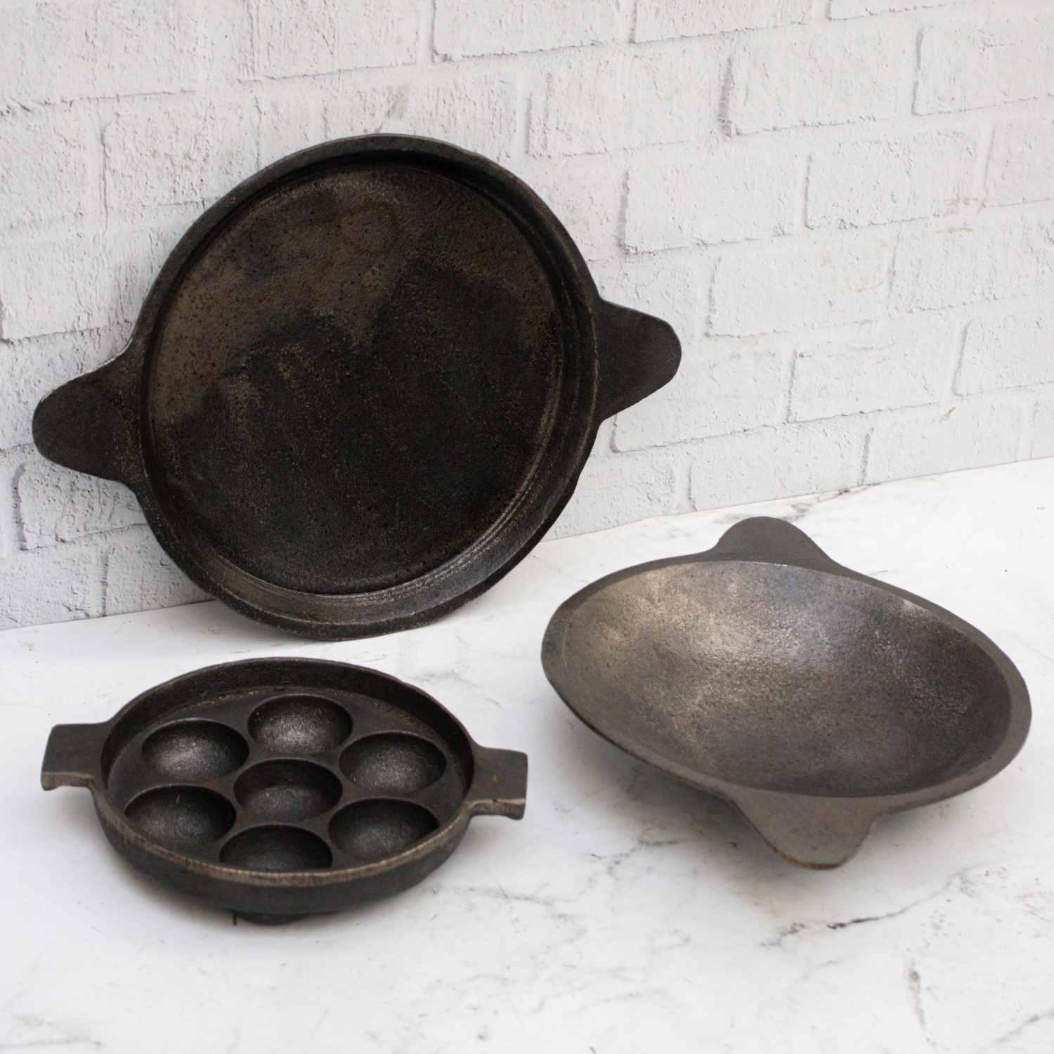 Cast Iron Combo: Kuzhipaniyaram pan, Appachatti, Raised Edge Pan-1