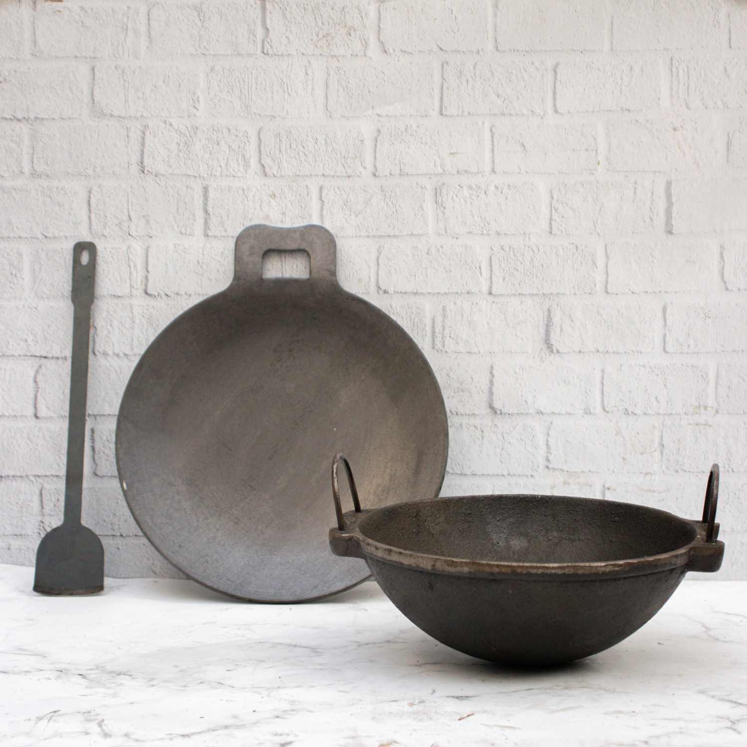 Cast Iron Kadai, Iron Tawa, Iron ladle Cookware Set-1