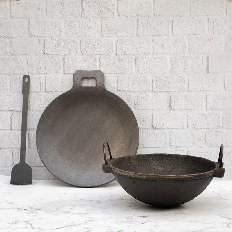 Cast Iron Kadai, Iron Tawa, Iron ladle Cookware Set-1