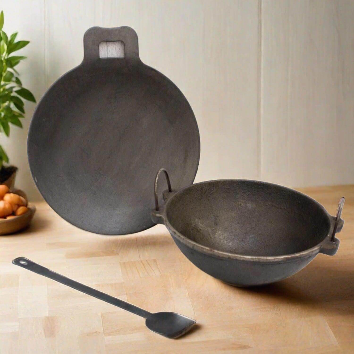 Cast Iron Kadai, Iron Tawa, Iron ladle Cookware Set-2