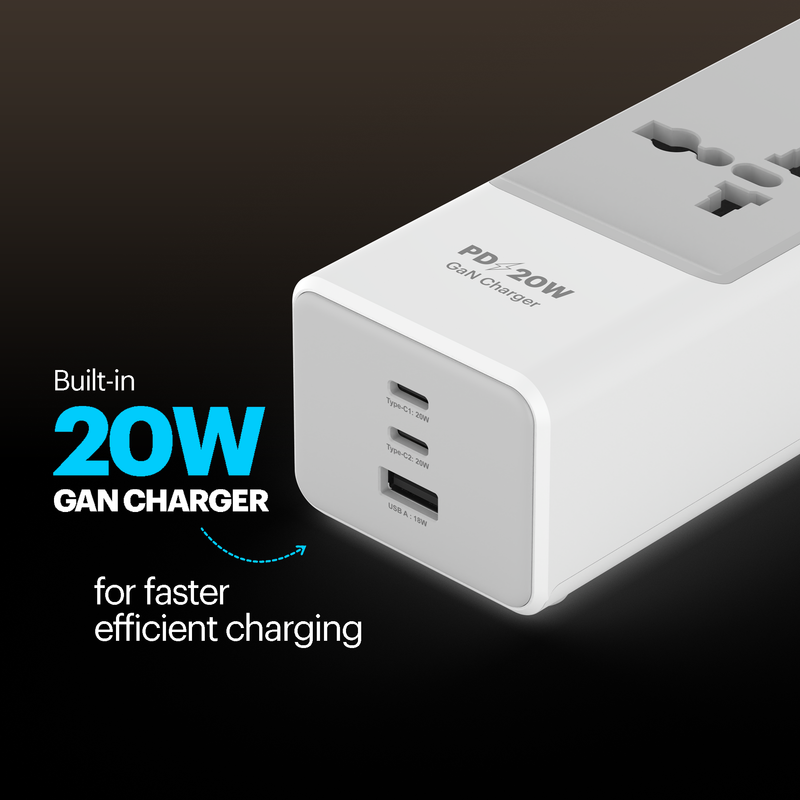 Chargestrip 3 universal AC sockets and a built-in 20W GaN charger.