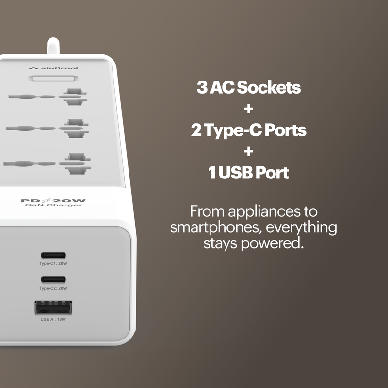 Chargestrip 3 universal AC sockets and a built-in 20W GaN charger.