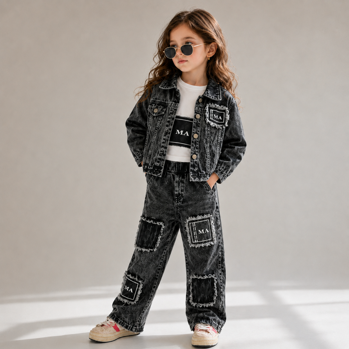 Girl's 3 Peice Charcoal Denim Co-Ord Set [GCS-1J-6905](4-12 Years)