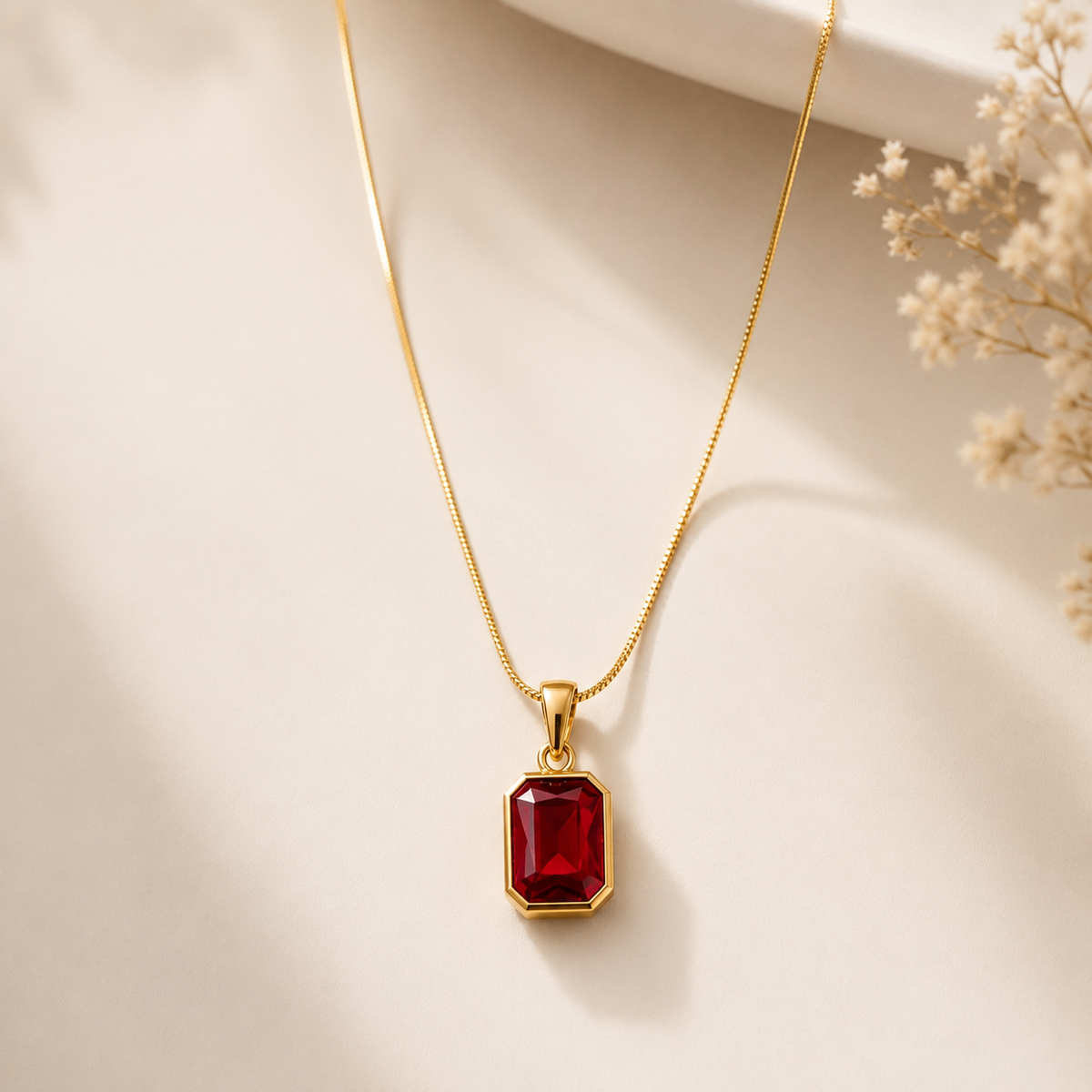 A gold chain necklace with a rectangular red gemstone pendant, displayed on a warm beige surface with soft shadows and dried flowers in the corner.
