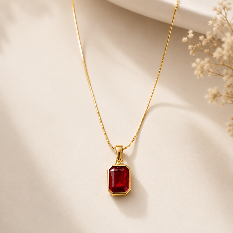 A gold chain necklace with a rectangular red gemstone pendant, displayed on a warm beige surface with soft shadows and dried flowers in the corner.