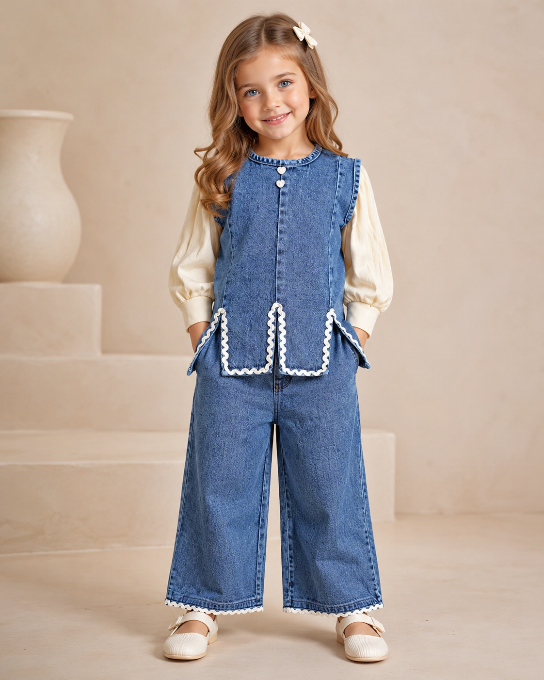 Girls Designer 3 Piece Blue Denim Co-Ord Set [GCS-1E-8448] (4-12Years)