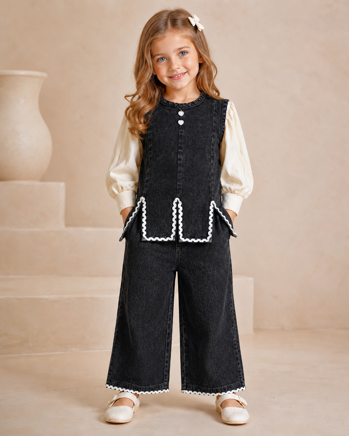Girls Designer 3 Piece Black Denim Co-Ord Set [GCS-2E-4884] (4-12Years)
