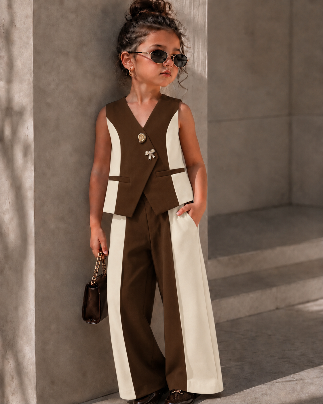 Girls Imported Brown Waist Coat Co-ord Set [GCS-4J-2221] (4-12 Years)