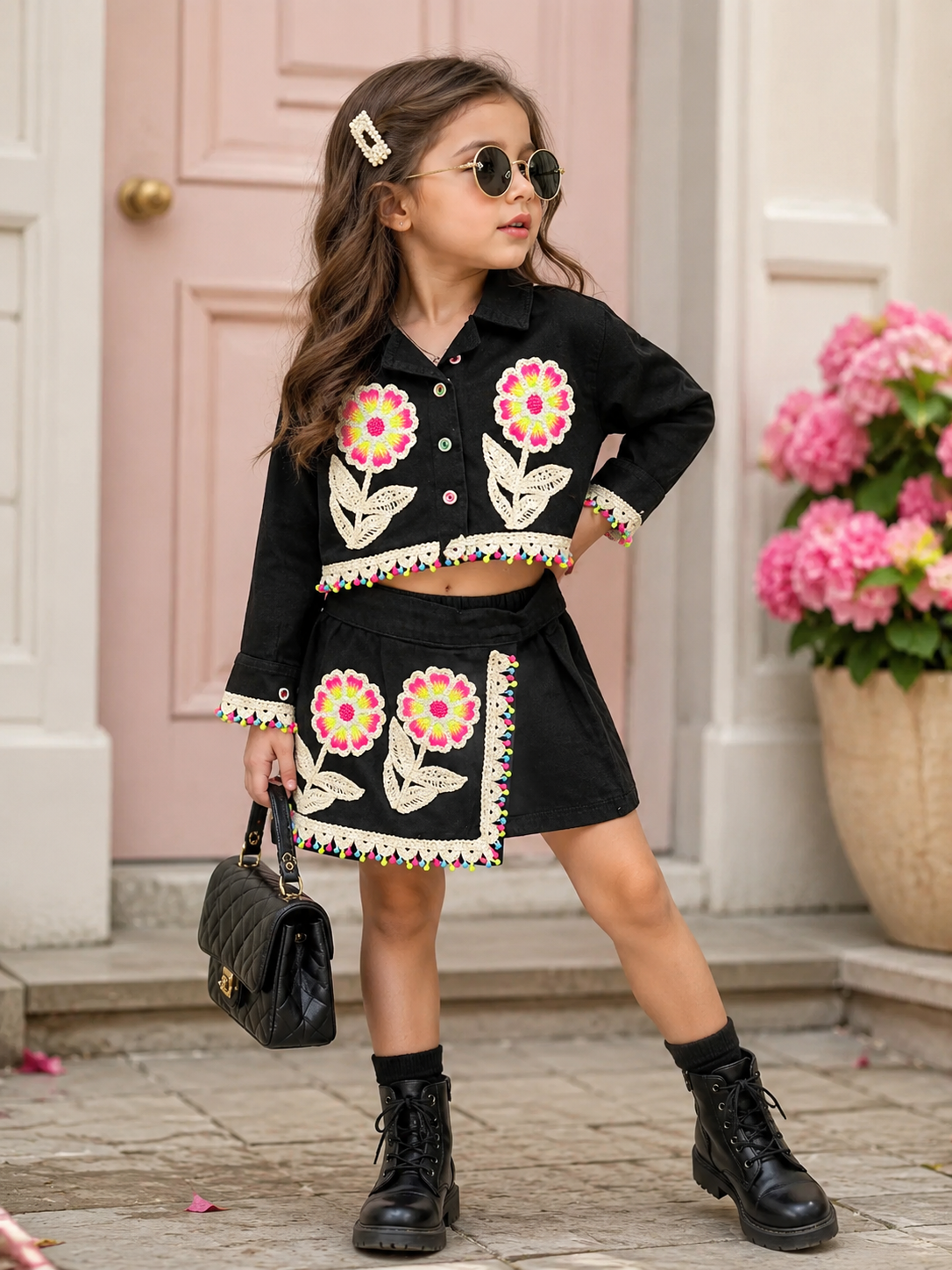 Girl's Designer Denim Skorts Co-Ord Set [GCS-3J-4515] (4-12 Years)