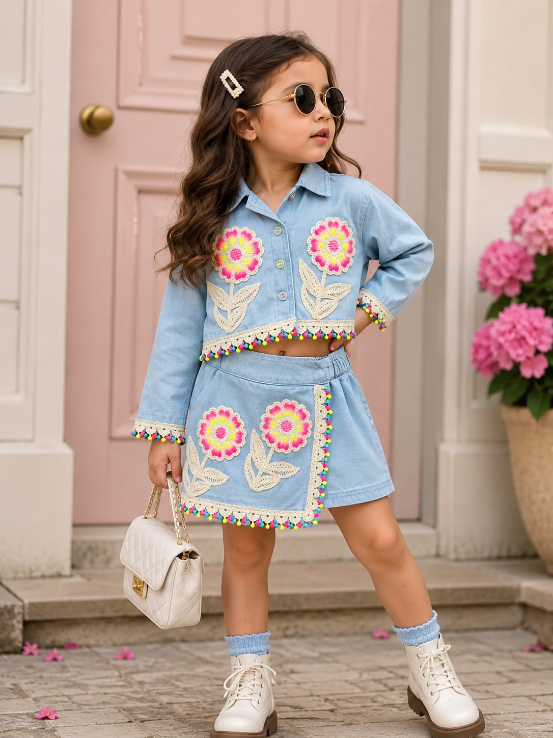 Girl's Designer Denim Co-Ord Set [GCS-4J-6829] (4-12 Years)