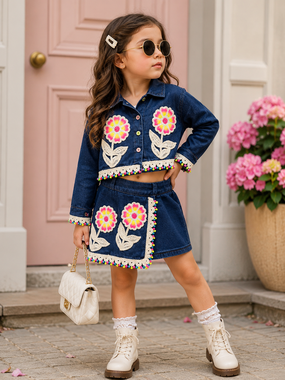 Girl's Designer Denim Skorts Co-Ord Set [GCS-5J-4151] (4-12 Years)