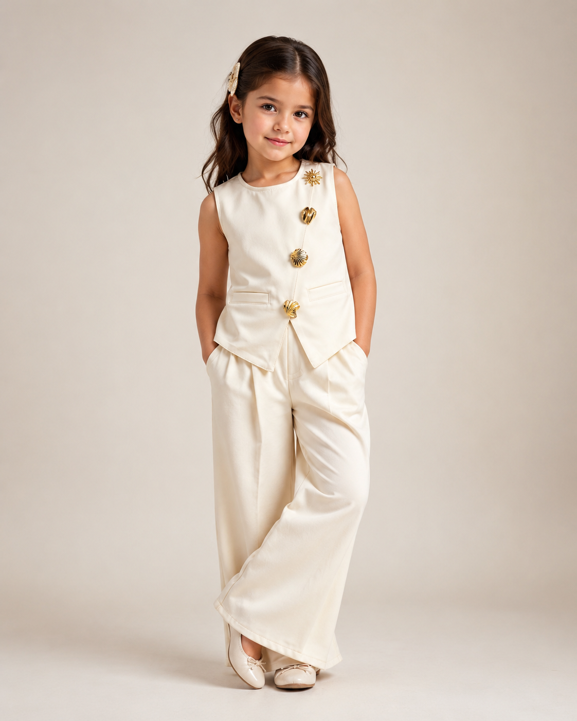 Girls Imported Cream Waist Coat Co-Ord Set [GCS-2J-9258] (4-12Years)