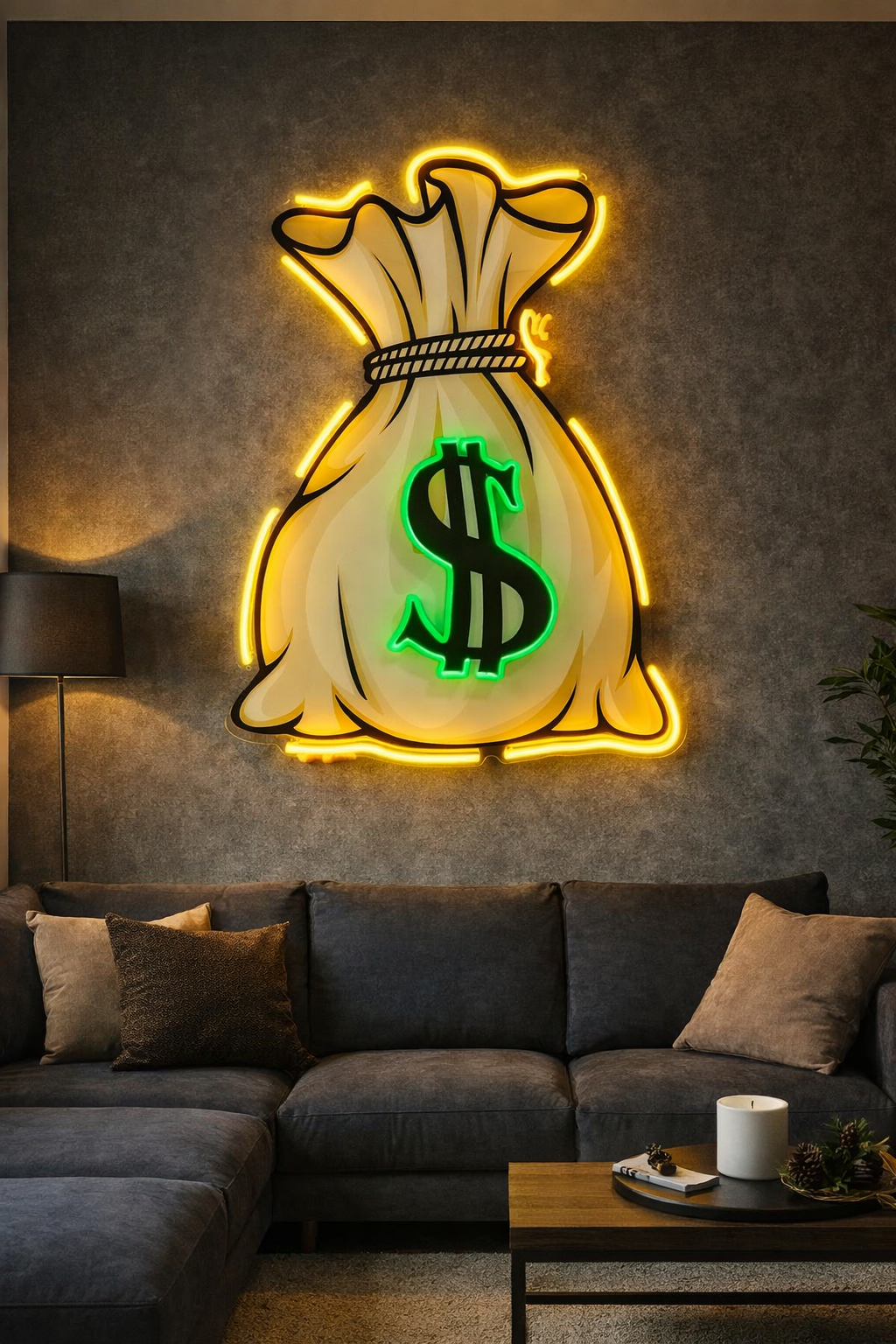 Money Bag LED Neon Sign – Hustle & Wealth Wall Art | Neon Signs India — Image 1