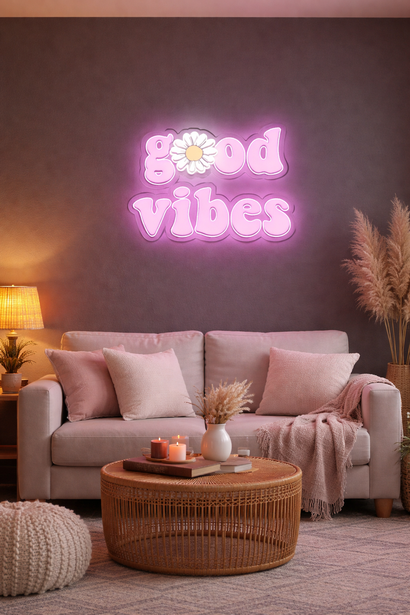 Good Vibes Pink Neon LED Wall Sign with Daisy – Aesthetic Room Decor (24*12 inch) | Neon Signs India — Image 1