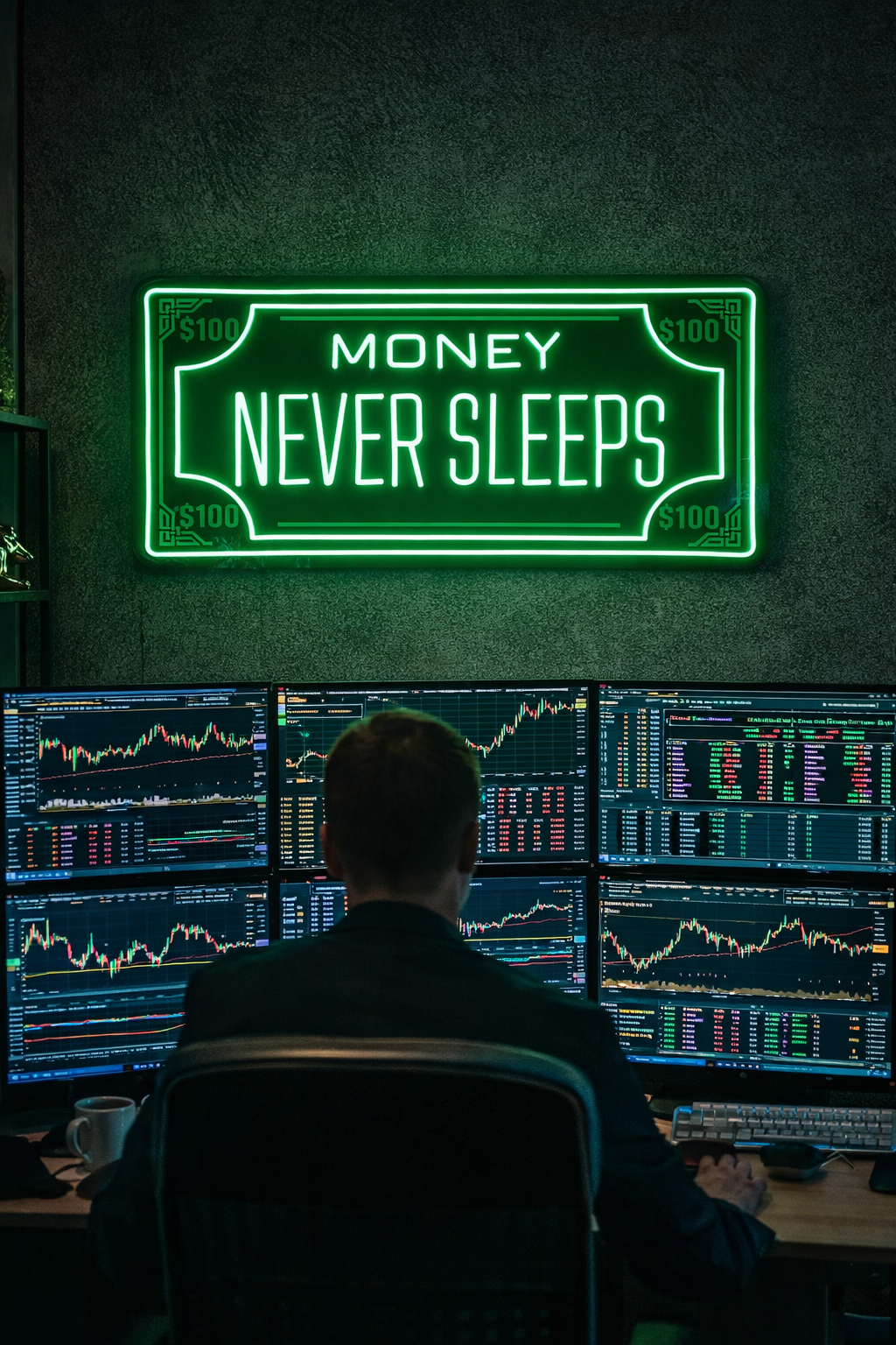 ? Money Never Sleeps Neon Sign – Green Hustle LED Wall Art (36*18 INCH) | Neon Signs India — Image 1