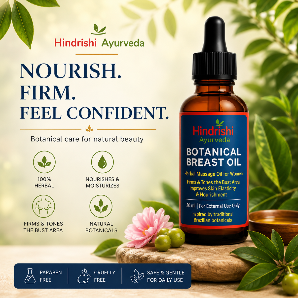 Hindrishi Botanical Massage Oil for Women | Herbal Breast Massage Oil - Natural Firming & Toning Oil with Herbal Extracts | Enhances Elasticity & Nourishes Skin | Paraben-Free, Safe for Daily Use 30ml-1