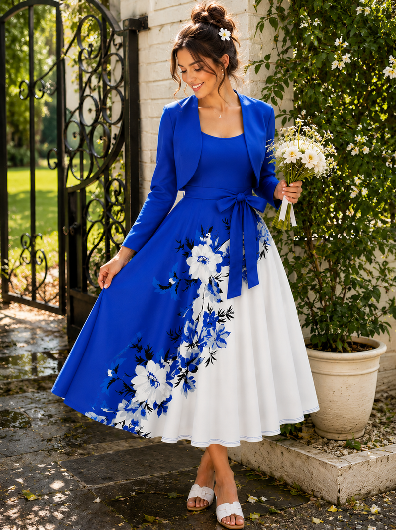 Amara Floral Midi Dress with Shrug | Blue Cardigan Jacket with Floral Suspender Dress Set