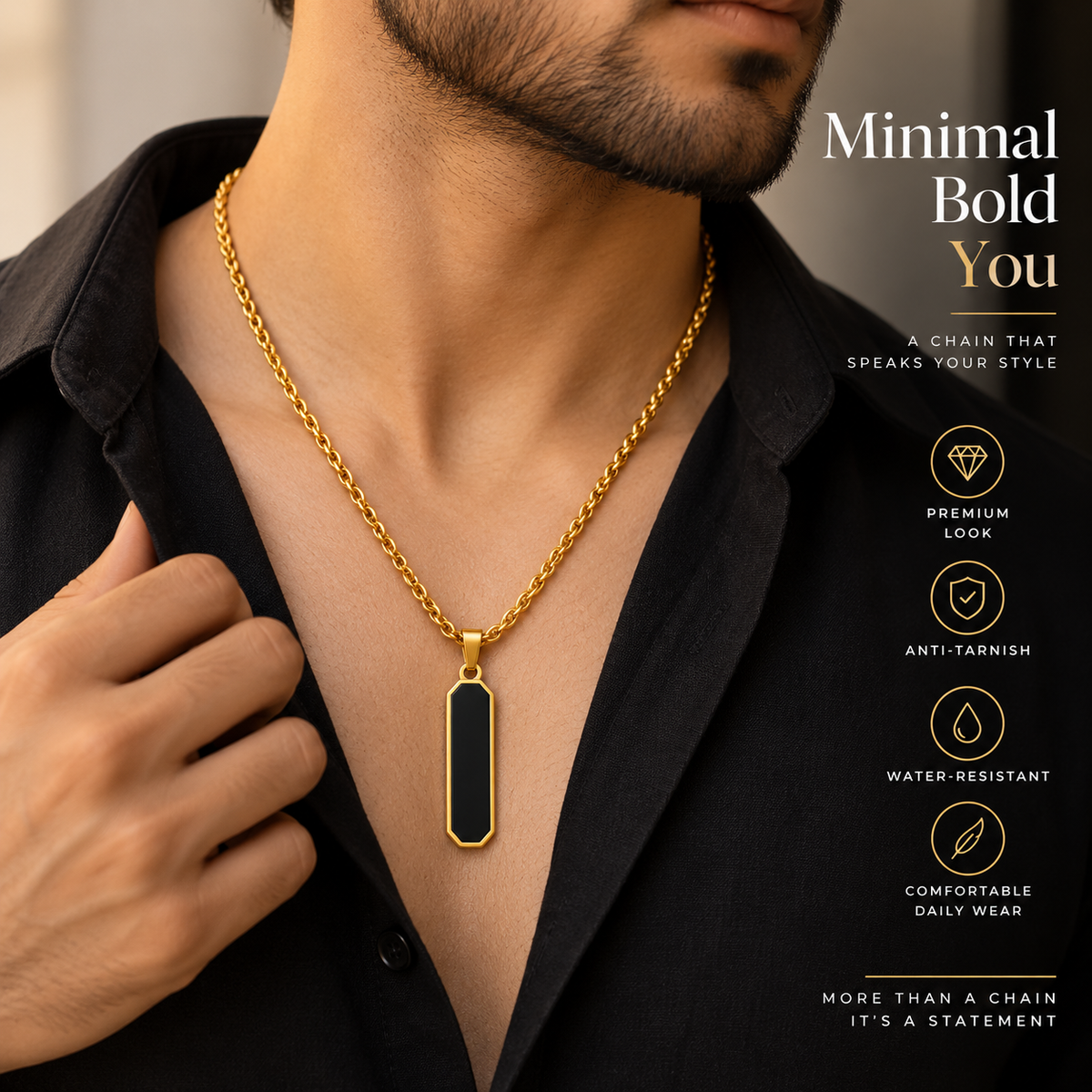 Obsidian Bar Pendant for Men – 22K Gold Plated, Anti-Tarnish-3