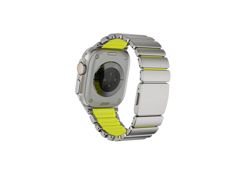 Premium Silver & Green Titanium Fusion magnetic Apple Watch band featuring titanium exterior and soft green silicone interior for everyday comfort
