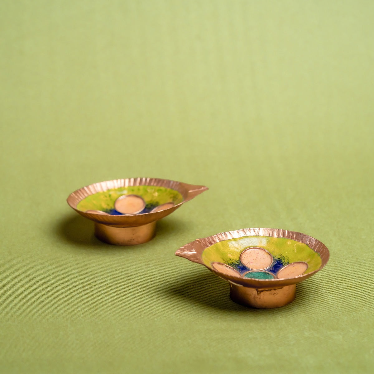 Copper Enamel Diya (Set of 2) - Decorative Copper Puja Diya