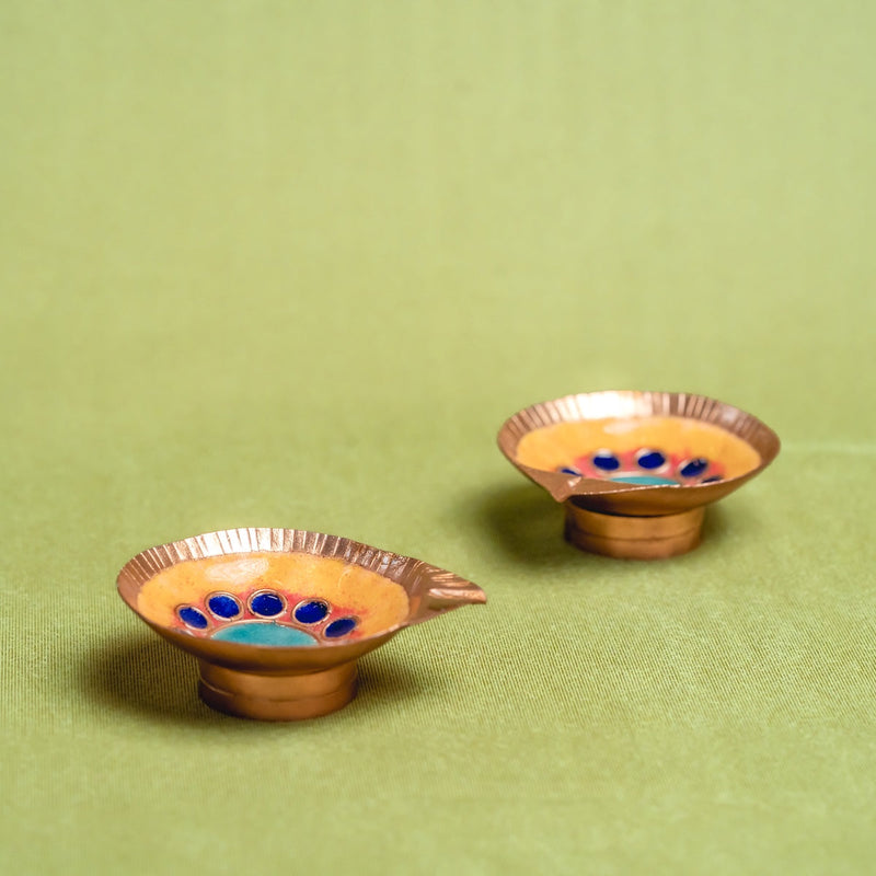 Copper Enamel Diya (Set of 2) - Decorative Copper Puja Diya-3