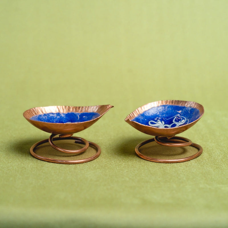 Copper Enamel Spring Diya (Set of 2) - Decorative Copper Diya-3