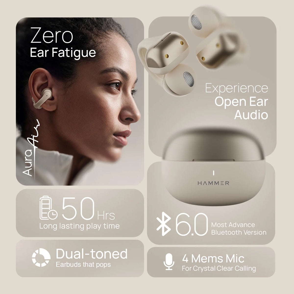 Hammer Aura Air OWS Wireless Open-Ear Earbuds | Clip-On Design | Feather-Light | ENC Quad Mic - Champagne Gold-9