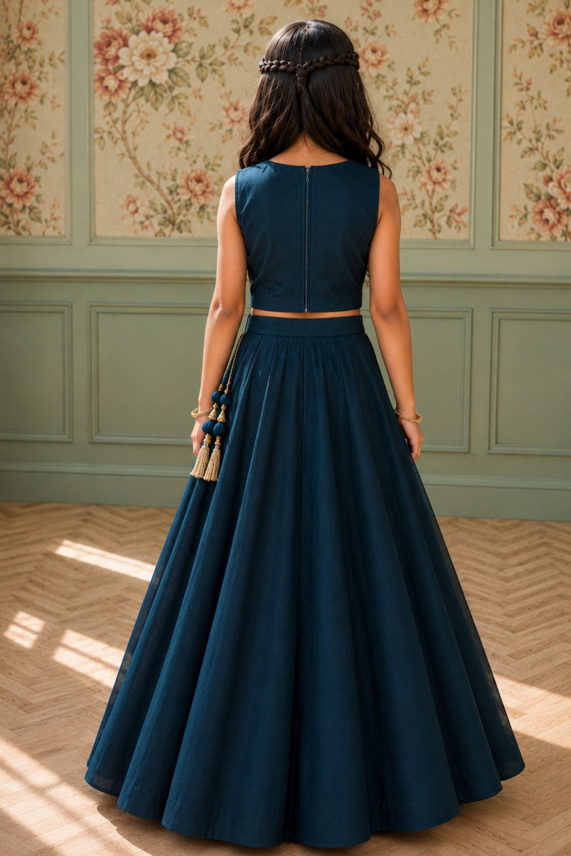 Deep Teal Blue Embroidered Lehenga Choli Set with Net Dupatta For Girls