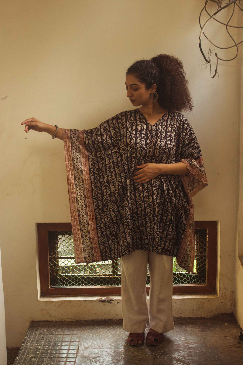 Cotton Bagh Block-Printed Kaftan Dress · Lata Black-1