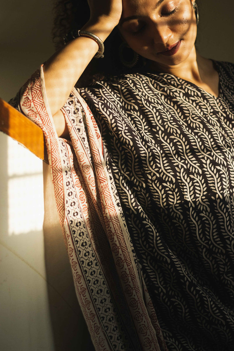 Cotton Bagh Block-Printed Kaftan Dress · Lata Black-2