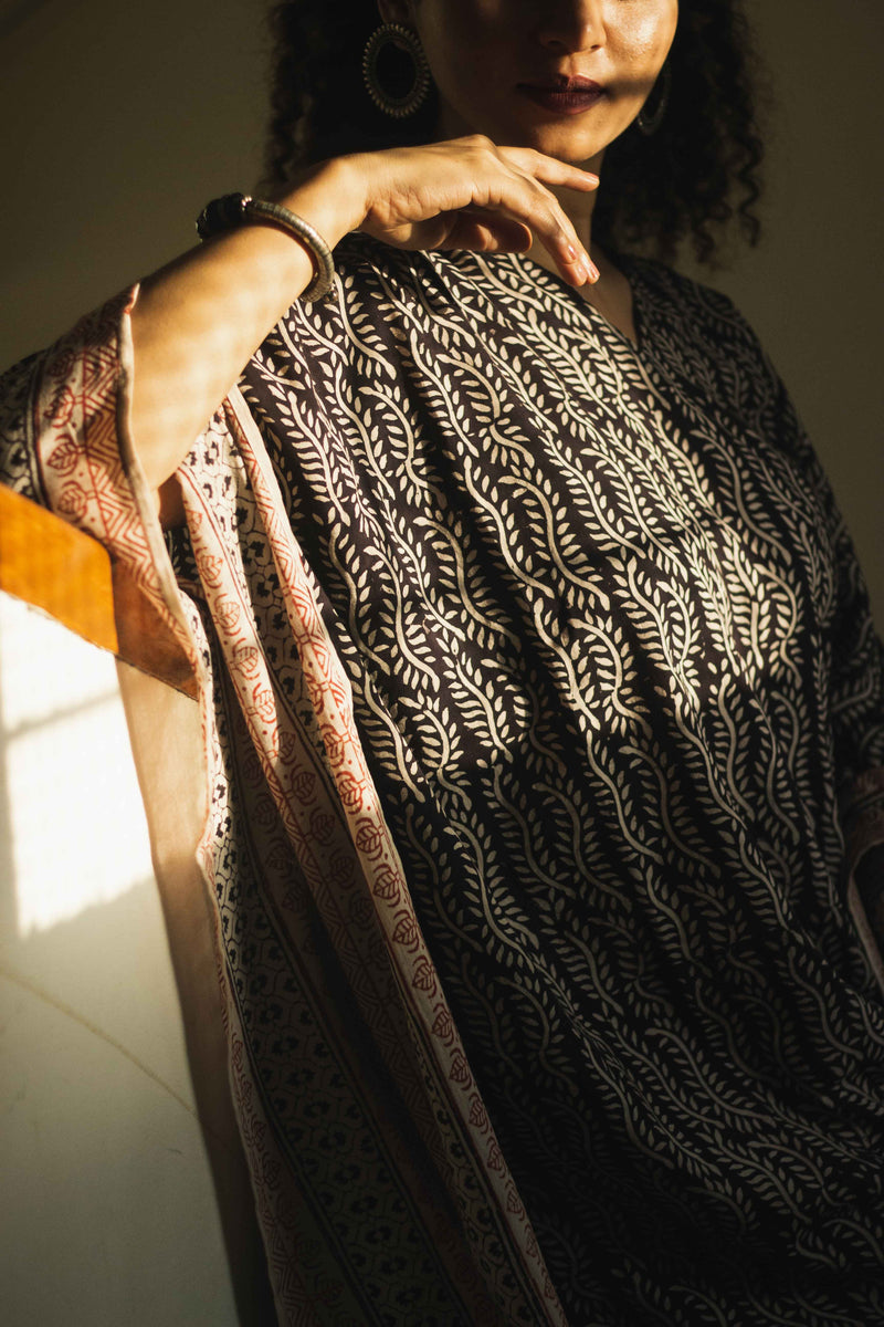 Cotton Bagh Block-Printed Kaftan Dress · Lata Black-7
