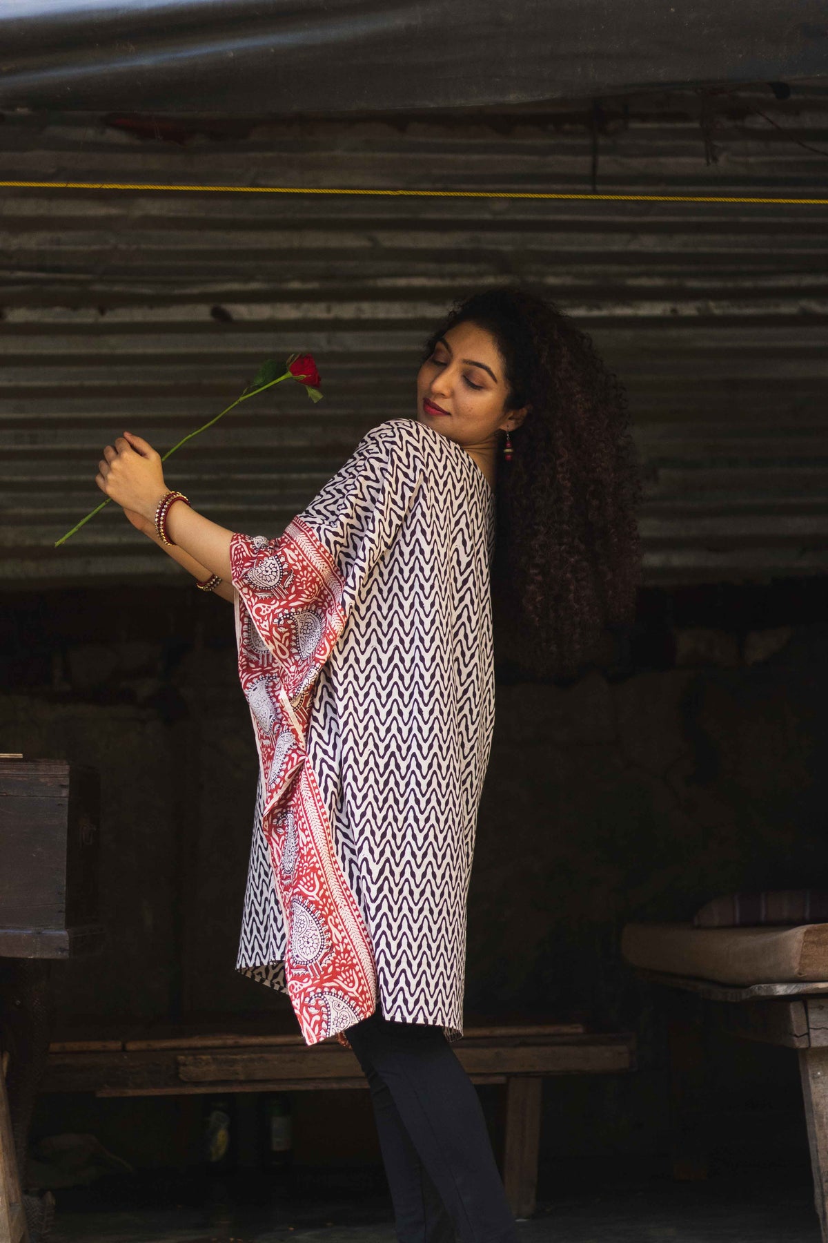 Cotton Bagh Block-Printed Kaftan Dress · Leheriya Black-5