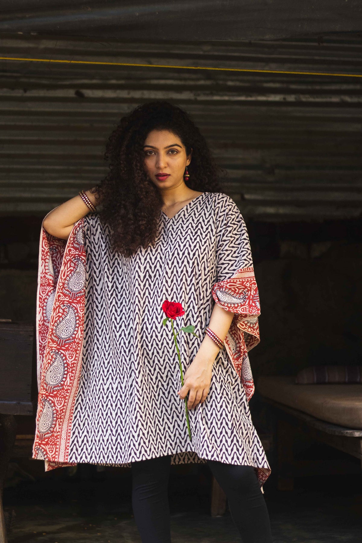 Cotton Bagh Block-Printed Kaftan Dress · Leheriya Black-6