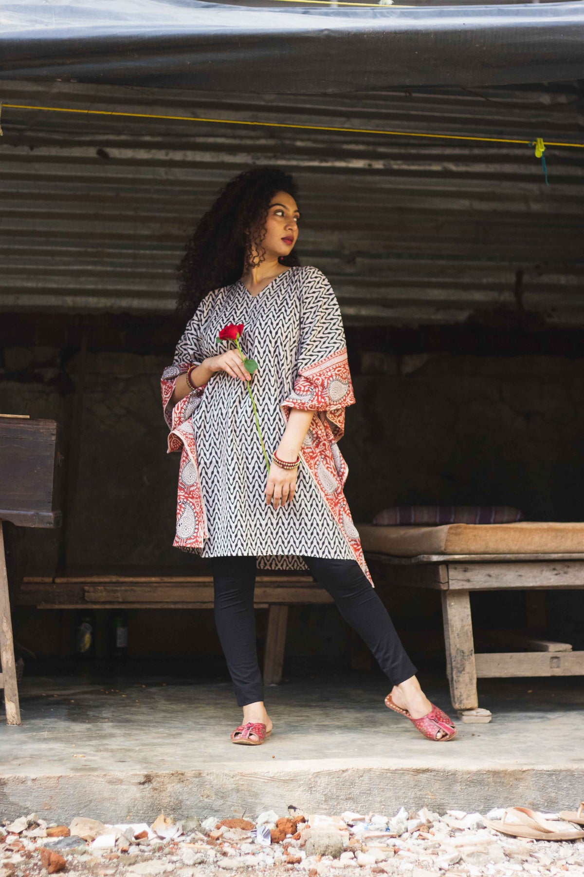 Cotton Bagh Block-Printed Kaftan Dress · Leheriya Black-1