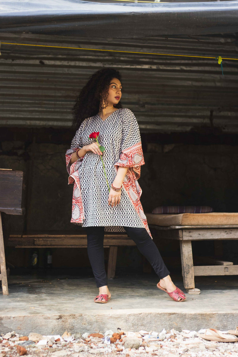 Cotton Bagh Block-Printed Kaftan Dress · Leheriya Black-1