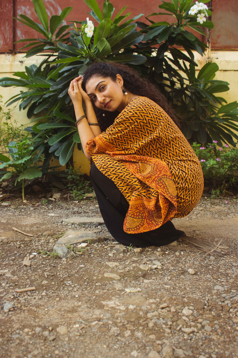 Cotton Bagh Block-Printed Kaftan Dress · Leheriya Mustard-6