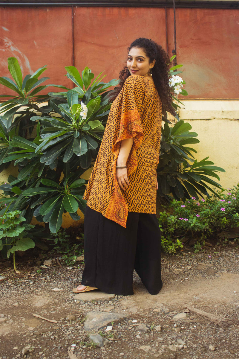 Cotton Bagh Block-Printed Kaftan Dress · Leheriya Mustard-3
