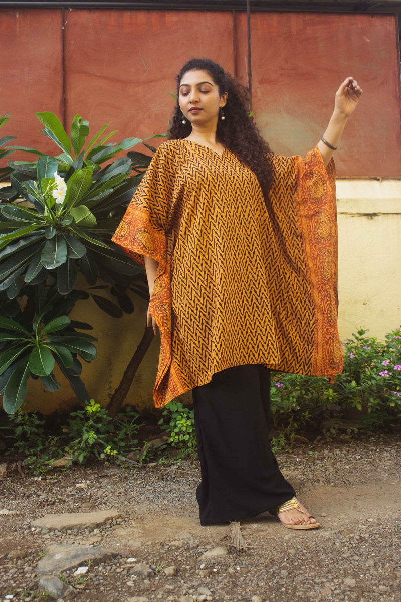 Cotton Bagh Block-Printed Kaftan Dress · Leheriya Mustard-1