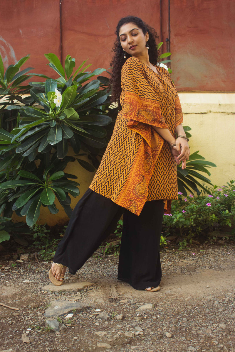 Cotton Bagh Block-Printed Kaftan Dress · Leheriya Mustard-4
