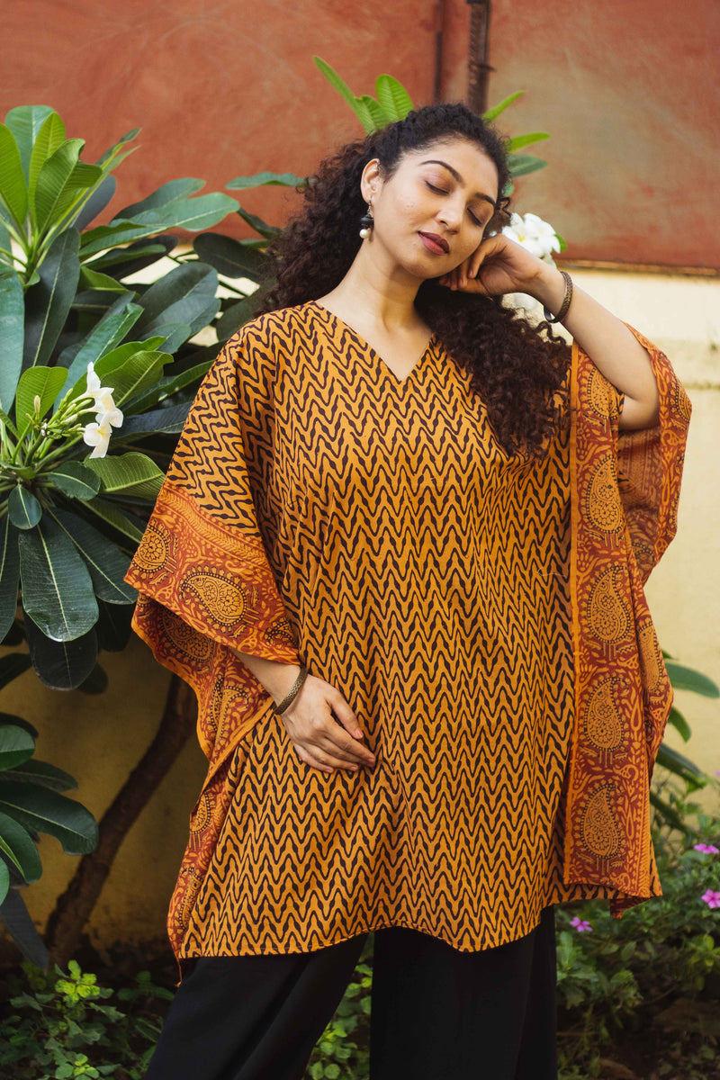 Cotton Bagh Block-Printed Kaftan Dress · Leheriya Mustard-5
