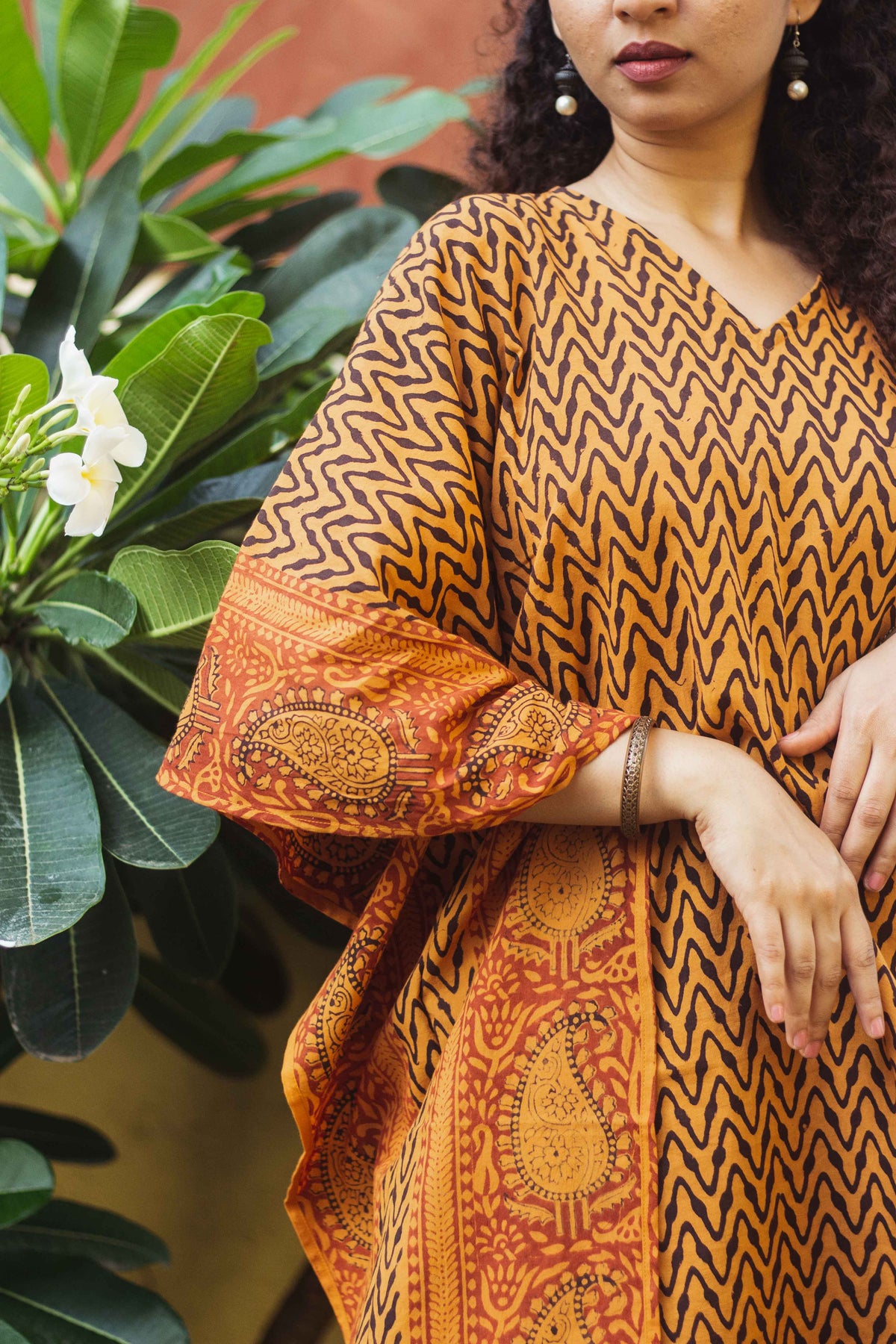 Cotton Bagh Block-Printed Kaftan Dress · Leheriya Mustard-2
